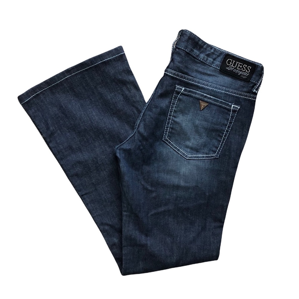 Guess Jeans Foxy Flare Dark Wash Faded Denim Studded Logo Stretch Y2K Size 30